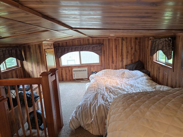 20389 640th Ln, Jacobson, MN 55752 - bedroom featuring wood ceiling, carpet floors, wood walls, multiple windows, and a wall mounted AC