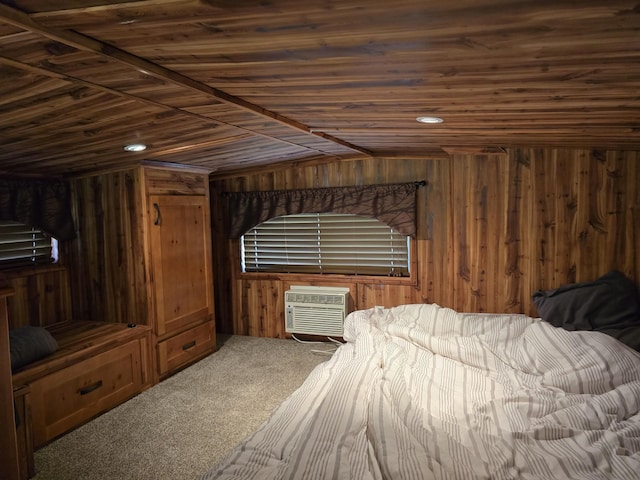 20389 640th Ln, Jacobson, MN 55752 - bedroom featuring wood walls, carpet, wooden ceiling, a wall unit AC, and vaulted ceiling