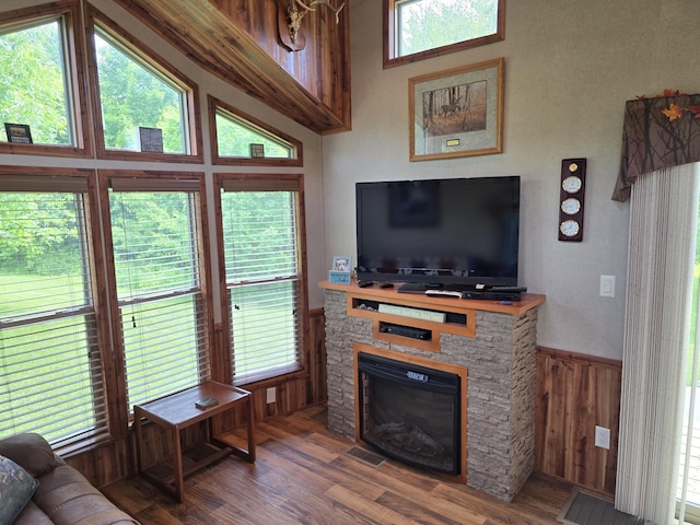 20389 640th Ln, Jacobson, MN 55752 - living area with a wainscoted wall, wood finished floors, a stone fireplace, healthy amount of natural light, and wood walls