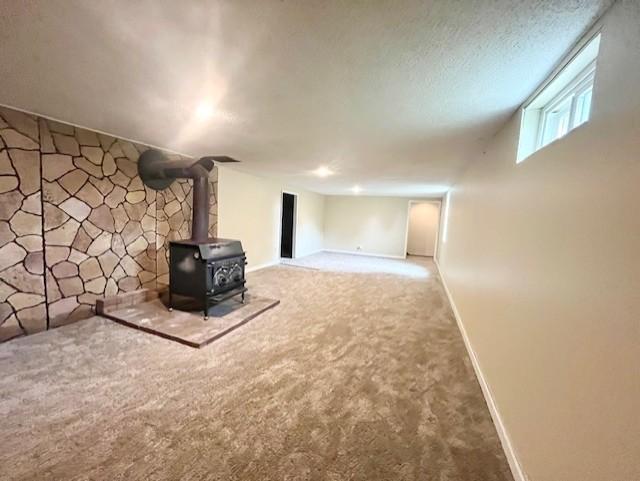200 Amsterdam Ave E, Hollandale, MN 56045 - below grade area featuring a wood stove and carpet floors