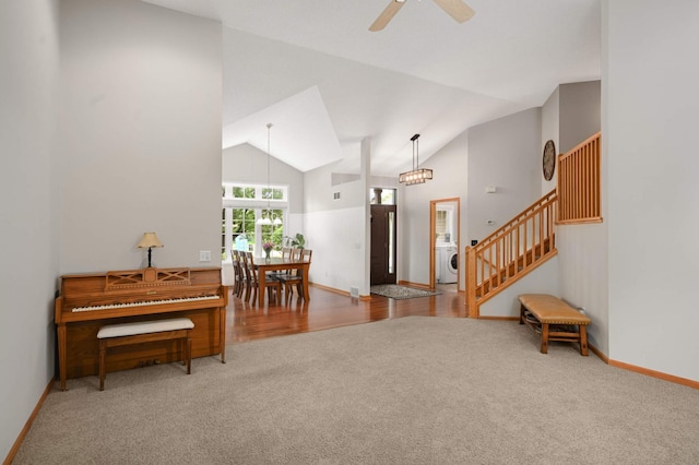 10787 Alison Way, Inver Grove Heights, MN 55077 - entryway with washer / clothes dryer, carpet flooring, ceiling fan, lofted ceiling, and stairs