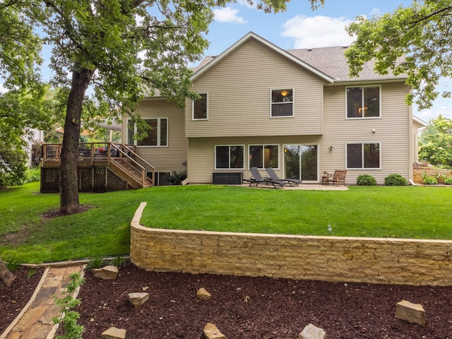 10787 Alison Way, Inver Grove Heights, MN 55077 - rear view of house featuring stairs, a wooden deck, a lawn, and a patio