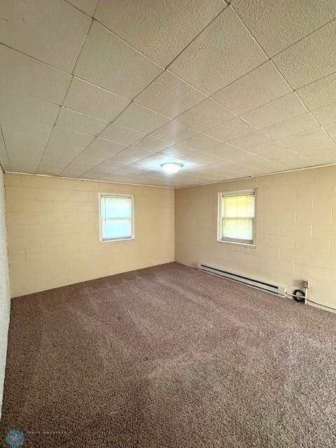 857 Main St, Mahnomen, MN 56557 - carpeted spare room with baseboard heating and concrete block wall