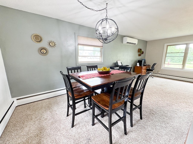 906 Whitford St, Fergus Falls, MN 56537 - dining room with a wall mounted air conditioner, a baseboard radiator, a chandelier, and carpet floors