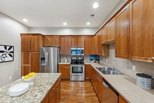5900 Oxford St Unit 8, Saint Louis Park, MN 55416 - kitchen with appliances with stainless steel finishes, light wood-style floors, backsplash, brown cabinets, and recessed lighting