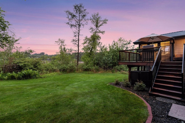 4428 Marlborough Ct, Minnetonka, MN 55345 - yard at dusk with a lawn, a wooden deck, and stairway