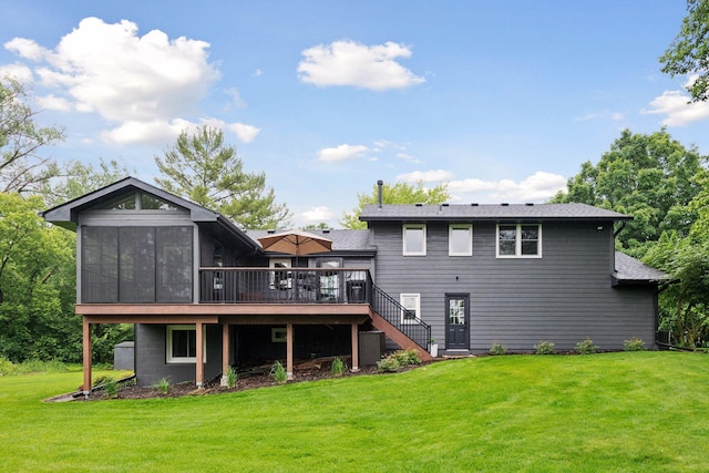 4428 Marlborough Ct, Minnetonka, MN 55345 - rear view of house with a wooden deck, stairs, a lawn, and a sunroom