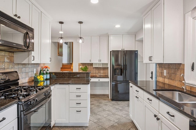 4428 Marlborough Ct, Minnetonka, MN 55345 - kitchen featuring black appliances, tasteful backsplash, white cabinets, light tile patterned flooring, and recessed lighting