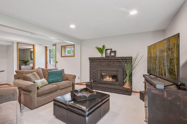 4428 Marlborough Ct, Minnetonka, MN 55345 - living area featuring light carpet, recessed lighting, and a brick fireplace