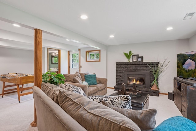 4428 Marlborough Ct, Minnetonka, MN 55345 - living area with light carpet, recessed lighting, and a brick fireplace