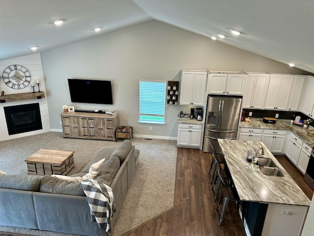 7559 Oday Ln NE, Otsego, MN 55330 - living area with vaulted ceiling, dark wood finished floors, and a fireplace