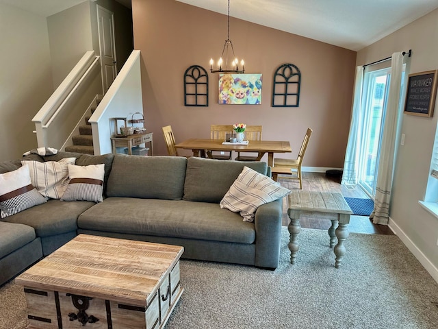 7559 Oday Ln NE, Otsego, MN 55330 - living area with a chandelier, lofted ceiling, and stairway