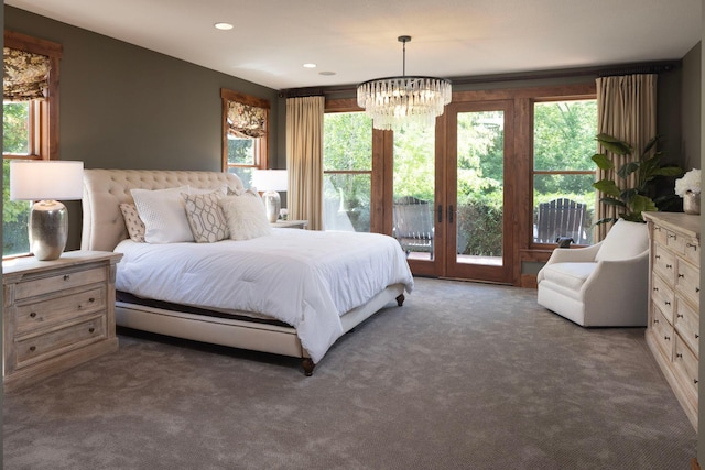 6445 County Road 26, Minnetrista, MN 55364 - carpeted bedroom featuring access to outside, a chandelier, and recessed lighting