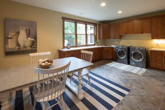 6445 County Road 26, Minnetrista, MN 55364 - washroom with separate washer and dryer, recessed lighting, cabinet space, and dark stone finish flooring