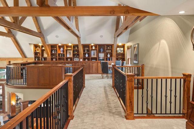 6445 County Road 26, Minnetrista, MN 55364 - corridor featuring carpet floors, an upstairs landing, high vaulted ceiling, and beam ceiling