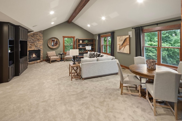 6445 County Road 26, Minnetrista, MN 55364 - living area with plenty of natural light, a stone fireplace, light carpet, and recessed lighting