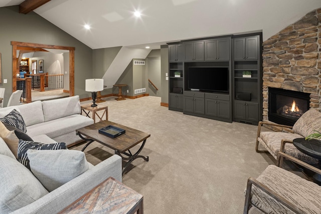 6445 County Road 26, Minnetrista, MN 55364 - living room featuring light colored carpet, recessed lighting, a fireplace, and stairs