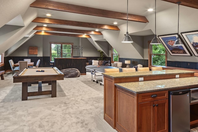 6445 County Road 26, Minnetrista, MN 55364 - kitchen with light colored carpet, recessed lighting, open floor plan, hanging light fixtures, and a wainscoted wall