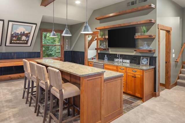 6445 County Road 26, Minnetrista, MN 55364 - kitchen with open shelves, carpet flooring, lofted ceiling, a center island, and dishwasher