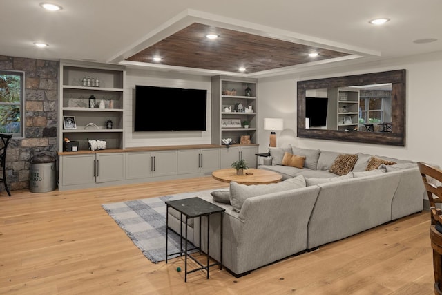 6445 County Road 26, Minnetrista, MN 55364 - living room featuring light wood finished floors, a raised ceiling, built in shelves, and recessed lighting