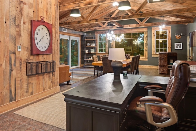 6445 County Road 26, Minnetrista, MN 55364 - office area featuring wood ceiling, wood walls, and a chandelier