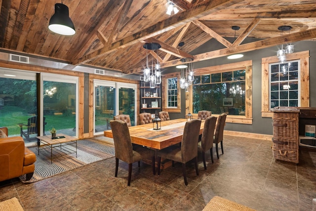 6445 County Road 26, Minnetrista, MN 55364 - dining space with a chandelier, a wooden ceiling with exposed beams, and high vaulted ceiling