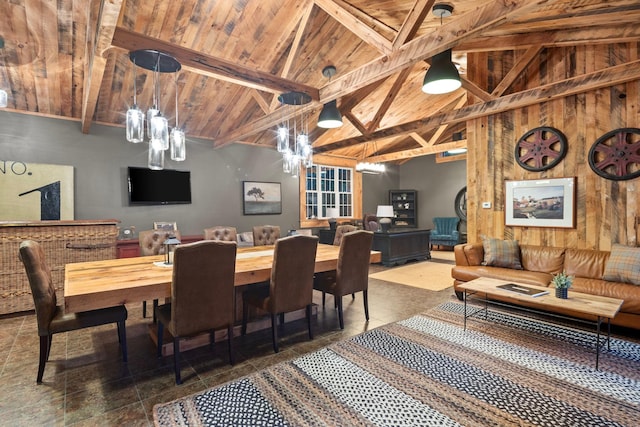 6445 County Road 26, Minnetrista, MN 55364 - dining area featuring a chandelier, a wood ceiling with exposed beams, and high vaulted ceiling