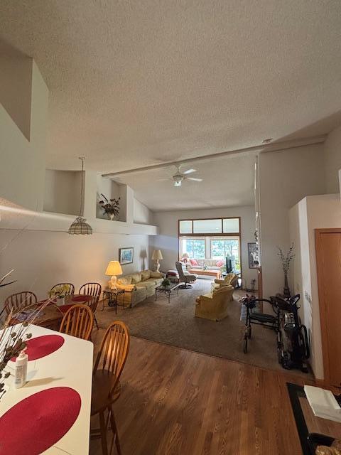 9257 Prairieview Trl N, Champlin, MN 55316 - living room featuring a textured ceiling, wood finished floors, and ceiling fan