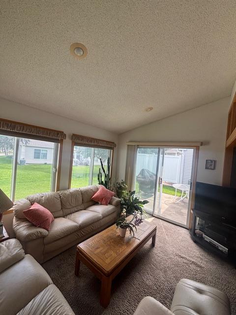 9257 Prairieview Trl N, Champlin, MN 55316 - carpeted living area featuring a textured ceiling, vaulted ceiling, and recessed lighting
