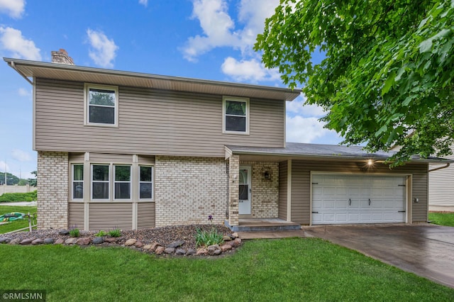 7216 Vinewood Ln N, Maple Grove, MN 55311 - view of front of home featuring an attached garage, brick siding, driveway, a front lawn, and a chimney