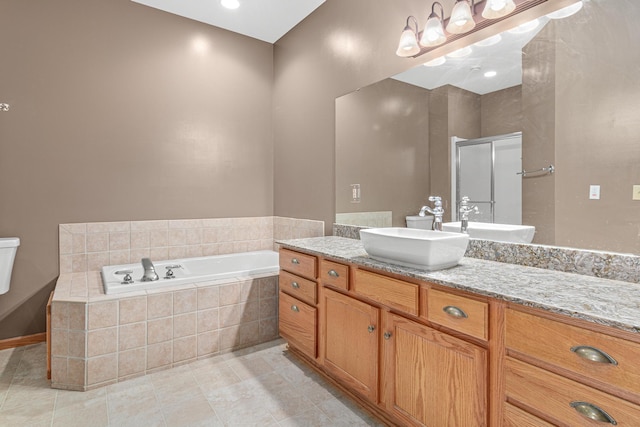 42 Pullman Ave, Saint Paul Park, MN 55071 - bathroom featuring a bath, vanity, tile patterned flooring, and a shower with shower door