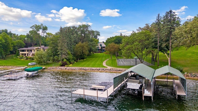 17950 Breezy Point Rd, Woodland, MN 55391 - dock area featuring a water view, boat lift, and a yard