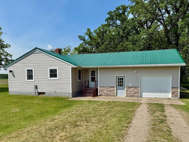 12900 350th Ave SE, Deer Park Twp, MN 56684 - view of front of property featuring driveway, a chimney, a front yard, a metal roof, and entry steps