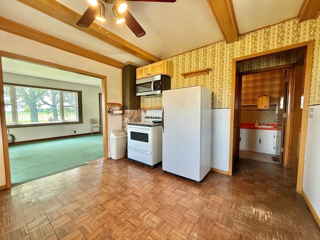 12900 350th Ave SE, Deer Park Twp, MN 56684 - kitchen with white appliances, a ceiling fan, beamed ceiling, and wallpapered walls