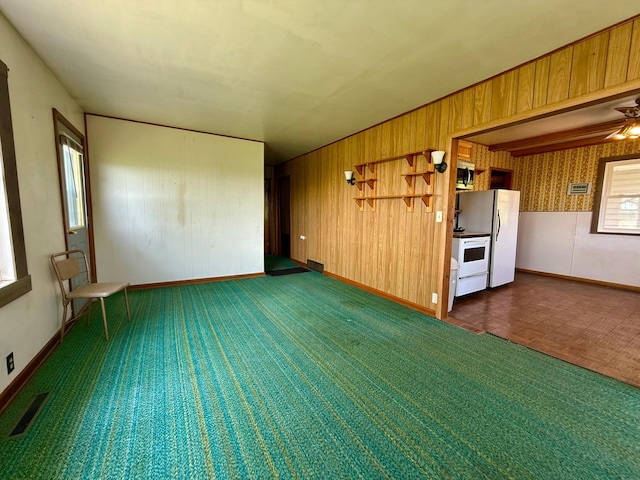 12900 350th Ave SE, Deer Park Twp, MN 56684 - unfurnished living room featuring wooden walls and a ceiling fan