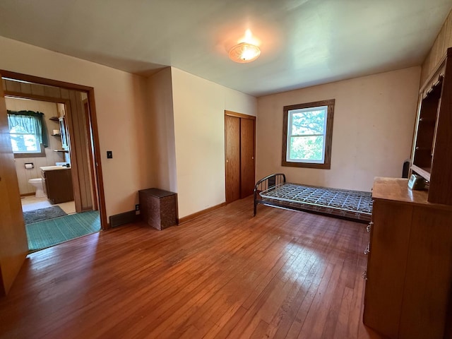 12900 350th Ave SE, Deer Park Twp, MN 56684 - unfurnished bedroom with wood-type flooring, multiple windows, and a closet