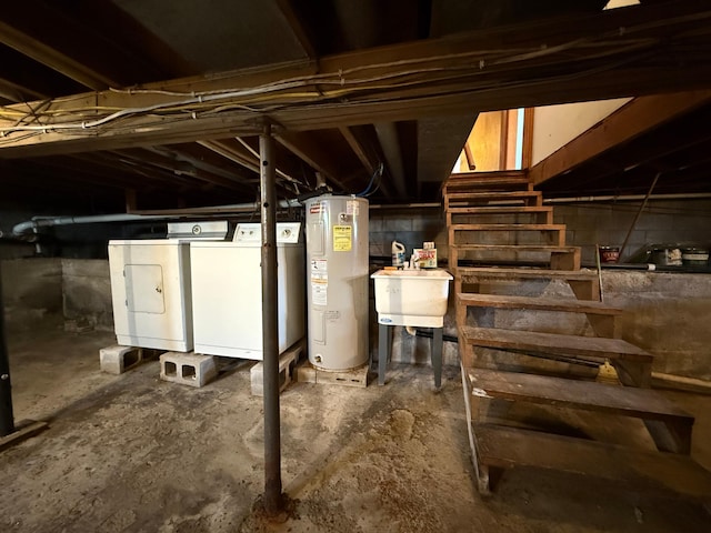 12900 350th Ave SE, Deer Park Twp, MN 56684 - unfinished basement featuring separate washer and dryer, electric water heater, and stairway