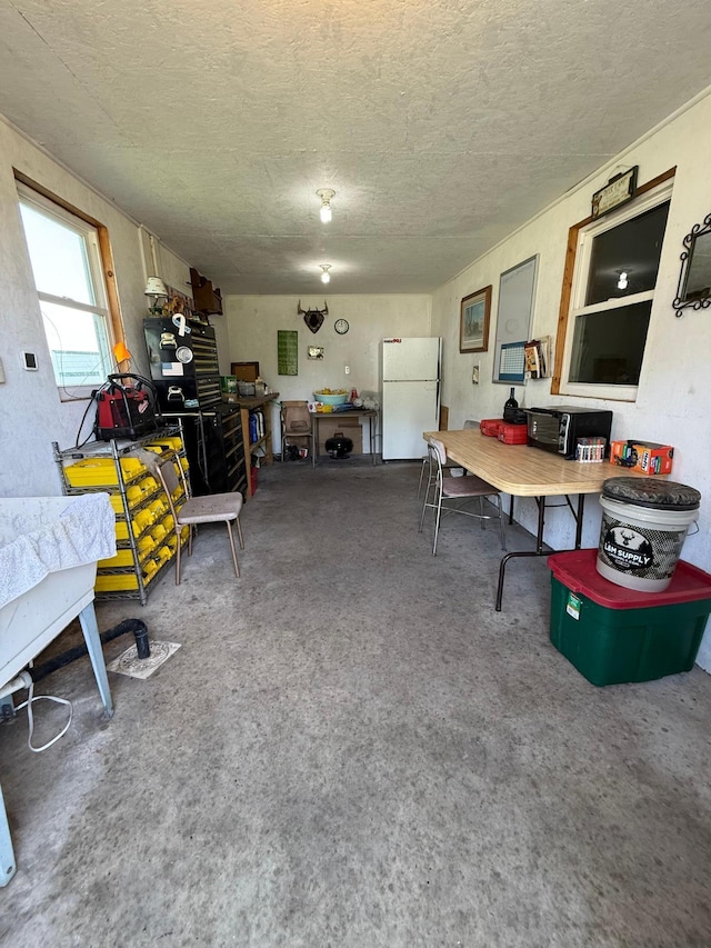 12900 350th Ave SE, Deer Park Twp, MN 56684 - garage featuring freestanding refrigerator and a workshop area