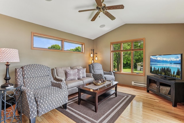 1364 Island View Dr, New Richmond, WI 54017 - living area with a baseboard heating unit, light wood-style floors, vaulted ceiling, and ceiling fan