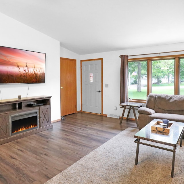 112 3rd St, Luck, WI 54853 - living area featuring wood finished floors, vaulted ceiling, and a lit fireplace