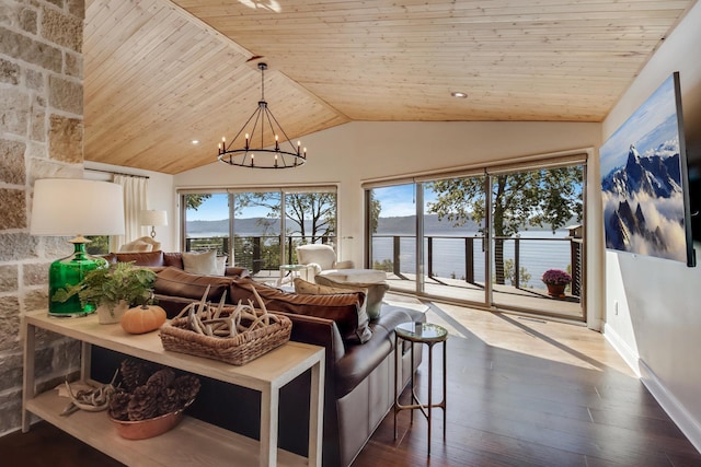 7 3rd St, Pepin, WI 54759 - living area featuring lofted ceiling, a chandelier, wooden ceiling, dark wood-style flooring, and recessed lighting