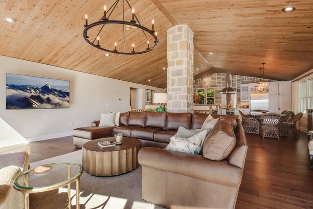 7 3rd St, Pepin, WI 54759 - living room featuring a chandelier, lofted ceiling, wooden ceiling, wood finished floors, and recessed lighting