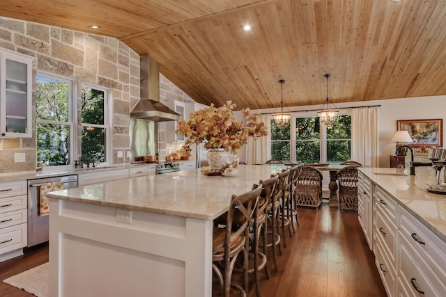 7 3rd St, Pepin, WI 54759 - kitchen with appliances with stainless steel finishes, wall chimney range hood, wood ceiling, vaulted ceiling, and glass insert cabinets