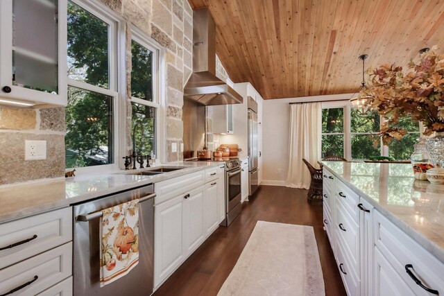 7 3rd St, Pepin, WI 54759 - kitchen featuring appliances with stainless steel finishes, wooden ceiling, wall chimney range hood, white cabinets, and backsplash