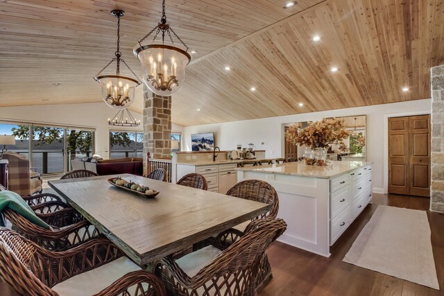 7 3rd St, Pepin, WI 54759 - dining area featuring lofted ceiling, wooden ceiling, a chandelier, recessed lighting, and dark wood-style flooring