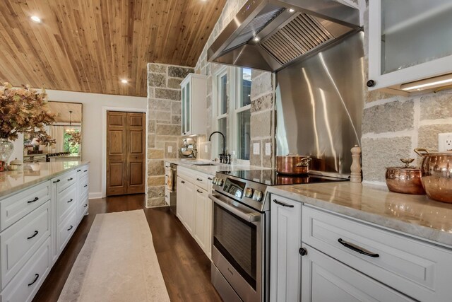 7 3rd St, Pepin, WI 54759 - kitchen featuring stainless steel electric range, wall chimney range hood, wooden ceiling, light stone countertops, and glass insert cabinets