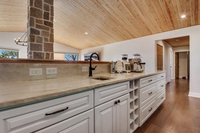 7 3rd St, Pepin, WI 54759 - kitchen featuring wooden ceiling, lofted ceiling, white cabinetry, dark wood finished floors, and a chandelier