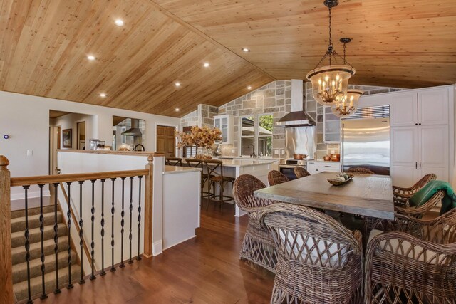 7 3rd St, Pepin, WI 54759 - dining area with lofted ceiling, a chandelier, wooden ceiling, dark wood-style flooring, and recessed lighting