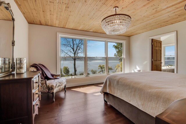 7 3rd St, Pepin, WI 54759 - bedroom featuring a chandelier, wood ceiling, dark wood-style floors, and a water view