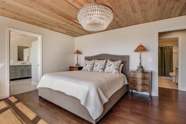 7 3rd St, Pepin, WI 54759 - bedroom featuring a chandelier, ensuite bath, wood finished floors, and wood ceiling
